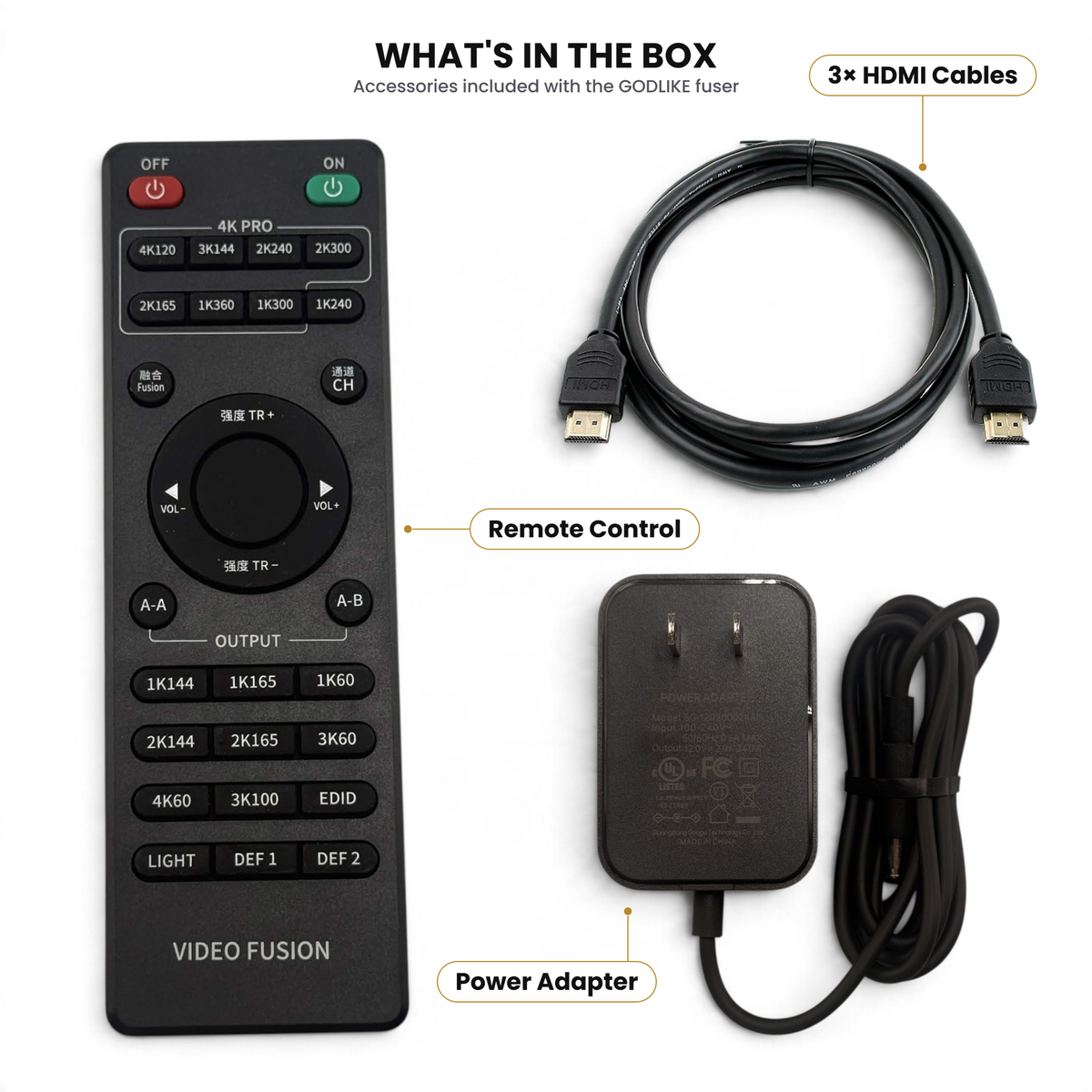 What's in the box: remote control, 3 HDMI cables and power adapter for the GODLIKE fuser