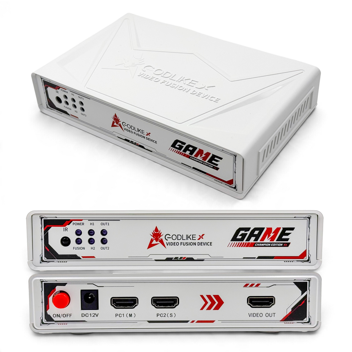 GODLIKE 10th Gen HDMI fuser - top, front panel and rear ports with PC1, PC2 and video out