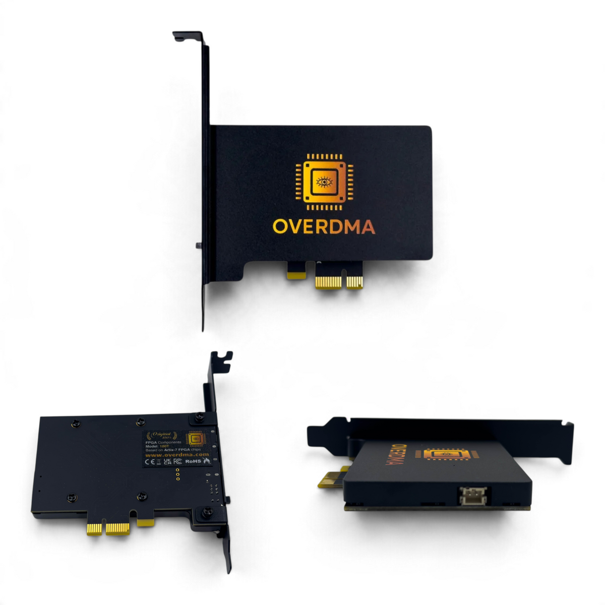 OverDMA DMA PCIe card 100T Artix-7 FPGA - front, back and side views
