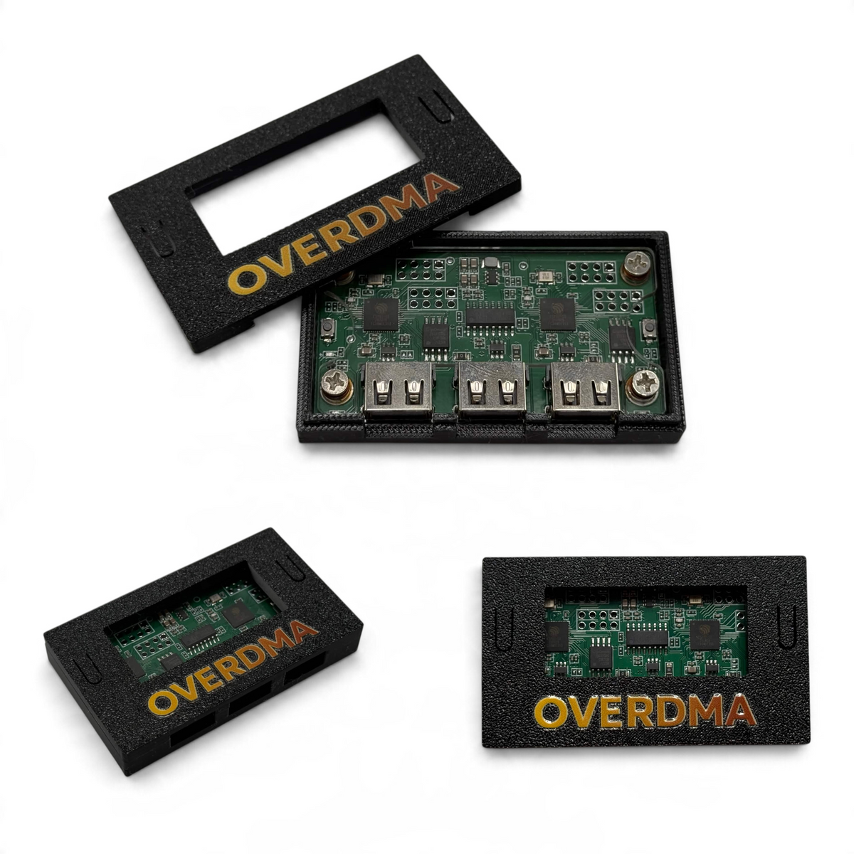 MAKCU in OverDMA case with three USB ports - open and closed views