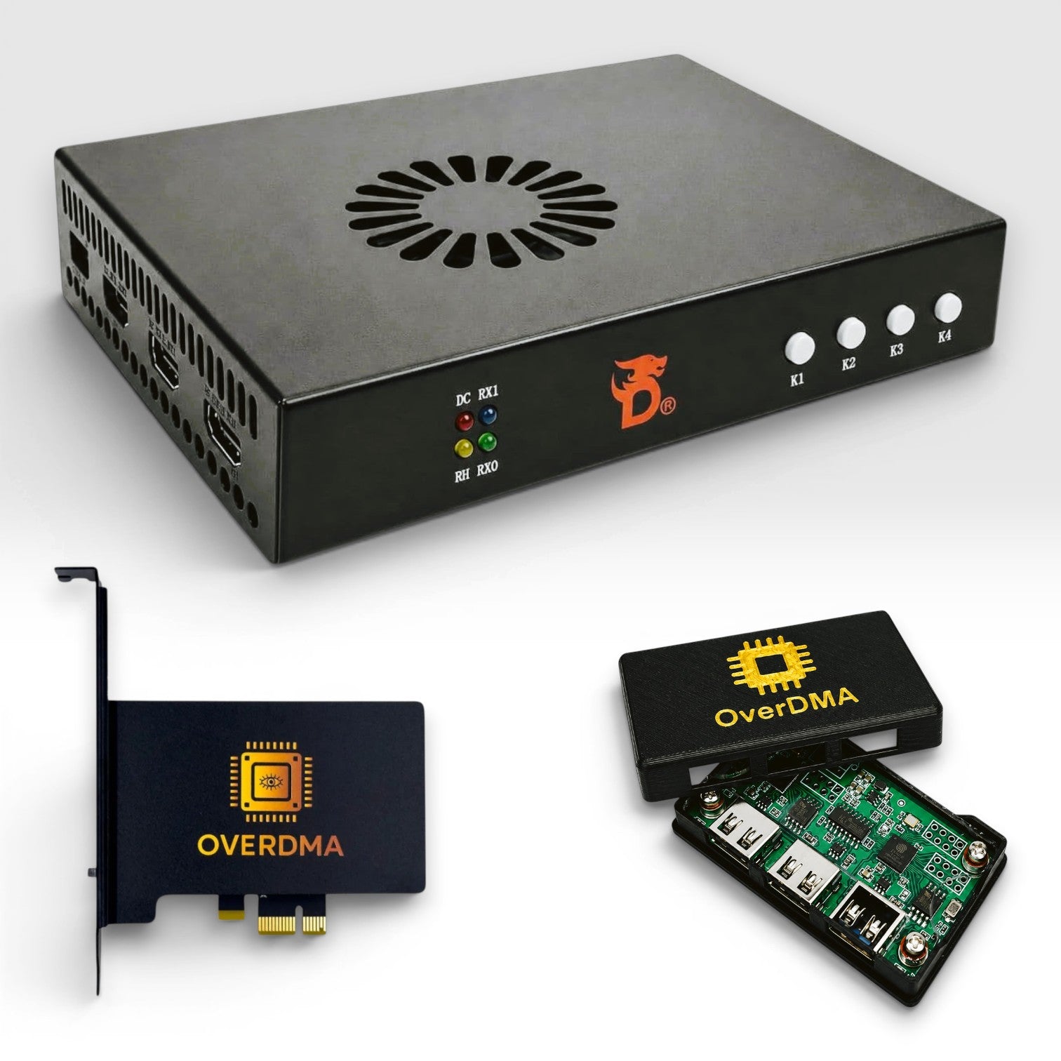 OverDMA 4K Pro DMA Bundle — DC500 Fuser 4K 160Hz, tarjeta DMA PCIe 75T/100T y MAKCU, setup completo